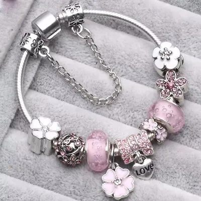 $19.95 • Buy Silver Charm Bracelet With Pink Love Flower Charm 