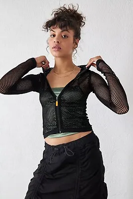 Urban Outfitters Iets Frans... Fishnet Zip-Through Hoodie In Black Size Medium • £22.99