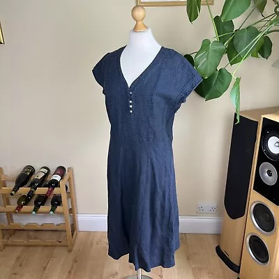 £30 • Buy Brora Blue Linen Seersucker Summer Dress UK 14 Cap Sleeve Buttons