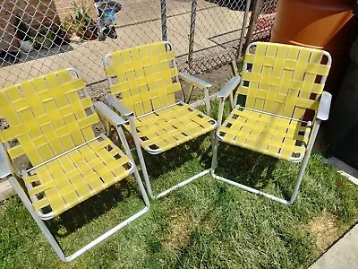 Set 3 Vintage Aluminum Folding Lawn Chair Yellow Stitching Screw Affixed Webbing • $124.98