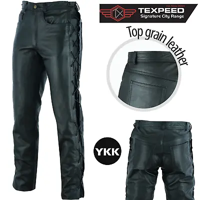 Mens Black Laced Soft Cowhide Leather Motorcycle Motorbike Biker Jeans Trousers • £69.99