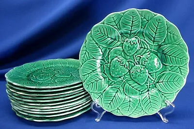 Set / 12 Fondeville Alvarez Spain Green Majolica Raised Relief Strawberry Plates • $129.99