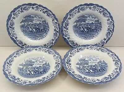 Myotts Country Life  4 X Soup Dessert Bowls 1960s The Hunt Scene Blue White 22cm • £19.95