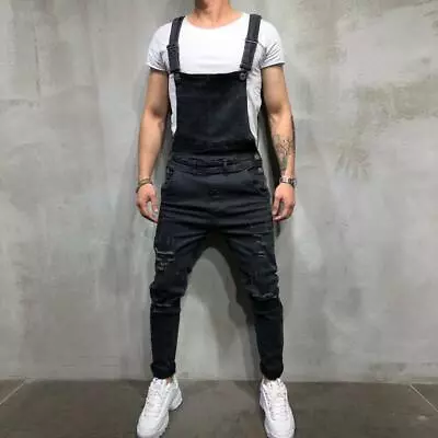 Mens Suspender Trousers Denim Rompers Male Ripped Jeans Shorts Stretch Pants • $33.43