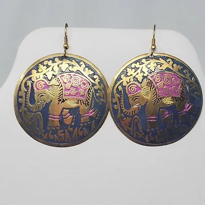 Vintage Large Brass Enamel ELEPHANT Earrings 1 ½  Boho Festival Dangle  • $19.99