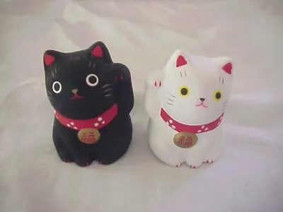 2 Ceramic Black & White  Maneki Neko Lucky  Japanese Cat Excellent 2  • $12