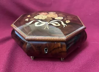 Vintage Reuge Octagonal Music Box Floral Inlay With Key Italy Dr Zhivago • $50.36