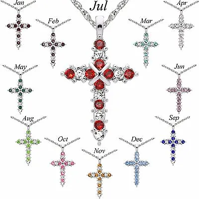 $13.99 • Buy Silver Austrian Crystal Birthstone Cross Necklace 15 -18  Adj Chain In 12 Months