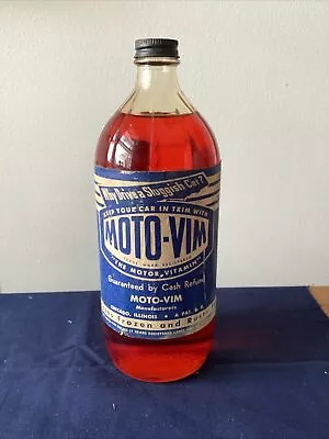 RARE Vintage Moto Vim Motor Oil Additive Paper Label Advertising Glass Bottle • $25