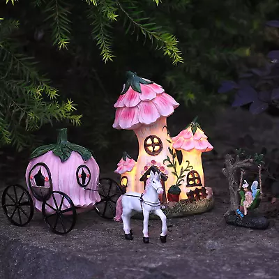 Resin Fairy Garden - Miniature Floral Roof Cottage With Solar LED Lights Fairy • $52.86