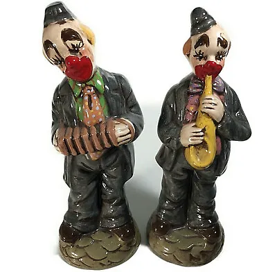 Vintage Clown Figurines Set Of 2 Playing Instruments High Gloss Finish 7 1/2 H • $14.75