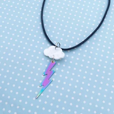 Handmade White Cloud & Oil Slick Lightning Bolt Necklace ~Retro~Vintage • £4.50