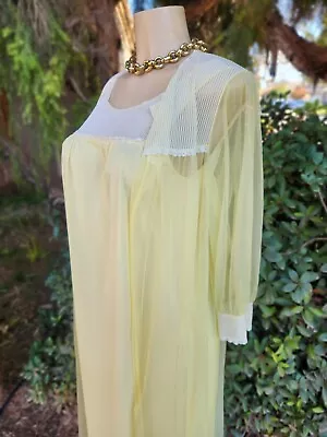 VTG Sunny Yellow Peignoir Set Long Nightgown And Robe Sheer Chiffon 100% Nylon M • $36.99