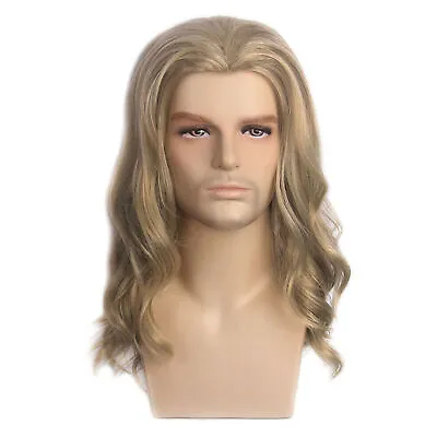 Men Long Curly Wave Wig Toupee Cosplay Hair Ombre Ash Brown Hairpieces Costume • $19.20