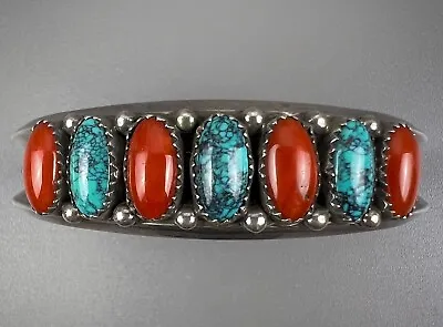 Vintage Navajo Sterling Silver Spiderweb Turquoise & Coral Cuff Bracelet NICE! • $254