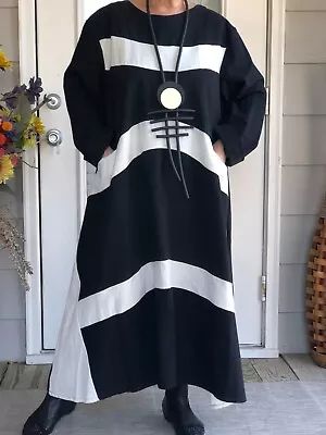 Lagenlook Art To Wear Boho Punk Linen Black And White Dress With Necklace New • $175