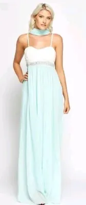 Bn Bridesmaid Prom Long Dress Evening Gown White Mint Maxi Encrusted 8 10 Cruise • £7.99