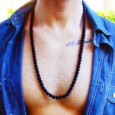 Lava Stone Beaded Necklace Men Meditation Yoga Natural Stone Necklace 6 8 10mm • $10.44