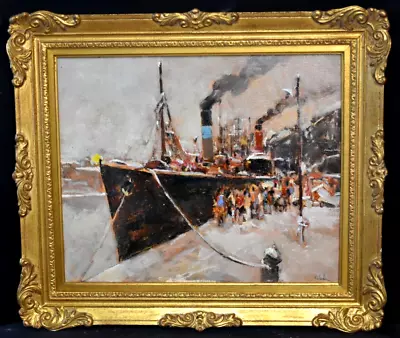 Animated Seaside Oil Painting Boats At The Quay Signed Jean-Pierre Valadier... • £341.38