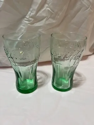 Set Of 2 Coca Cola Glasses Cups Embossed Green Tint 6 1/2 Inches Tall Vintage St • $18.99