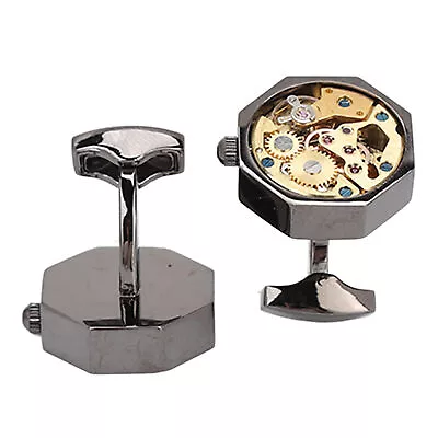 2Pcs Mens Cufflinks Watch Movement Silver Black Fadeless Links Meeting NEW • $22.80