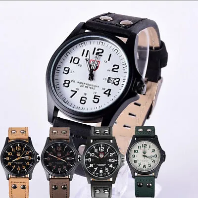 Mens Military Leather Date Quartz Analog Army Casual Dress Wrist Watches Gift • £4.29