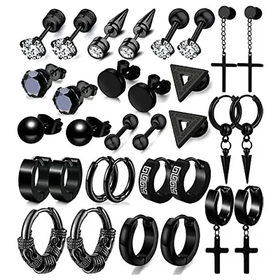 16 Pairs Men Earrings Set Black Stainless Steel Cross Hoop Ear Stud Jewelry • $10.99