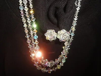 Austrian Crystal Necklace-3 Strands-1967/ Marked/J Hook Close/Matching Earrings! • $125