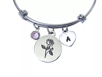 Rose Bracelet W/ Initial Heart And June Birthstone Birthday Gift Mother Wife • $24