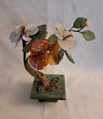 Vintage Bonsai Tree Various Semi-Precious Stone Carved Flowers White Quartz Jade • $24.99