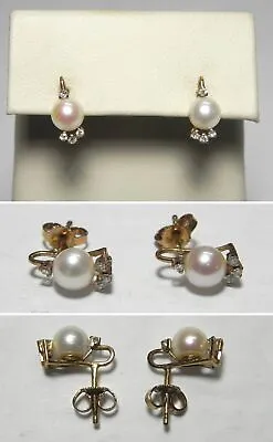 V228 Vintage Solid 14K Yellow Gold Freshwater Pearl And Diamond Stud Earrings • $150
