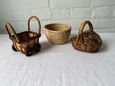 Lot Of 3 Miniature Basket Straw Wicker Woven W/ Handles Dollhouse Crafts Decor • $8.50