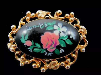 Lovely Vintage Brooch Pin With Black Enamel & Pink Rose Design  • $15.99