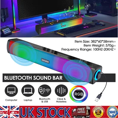 LED USB Bluetooth Stereo Speakers TV Computer Sound Bar For PC Desktop Laptop • £15.99