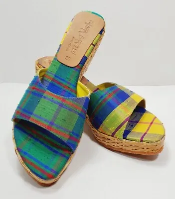 $19.99 • Buy Paloma Barcelo MAMI Striped Wedge Sandals W/ Basket Weave Woven Heels 38 Y/B