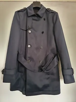 Zara Man Trench Coat Jacket Short Navy Blue Biker Military With Belt Size S • $40.42