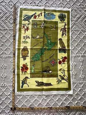 Vintage UNUSED Tea Towel Linen Tasman Sea New Zealand Green Yellow Bird • $6