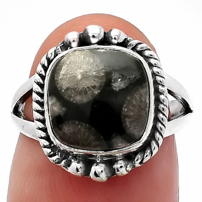 Natural Black Flower Fossil Coral 925 Sterling Silver Ring S.6 Jewelry R-1253 • $11.49