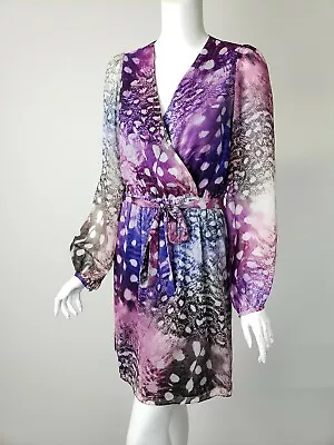 ERIN ERIN FETHERSTONE Purple/Pink/White Print Surplice Neck Belted Dress Sz 2 • $22