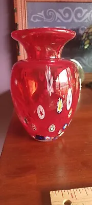 Italian Venetian Red Vase Hand Blown Art Glass Vase Millefiori Vintage Excellent • $89.99