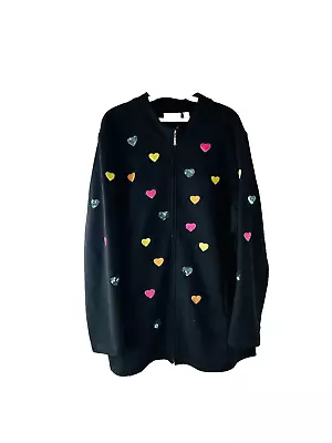 Quaker Factory Womens XL Rainbow Embellished Hearts Zip Hooded Sweatshirt Jacket • $40.04