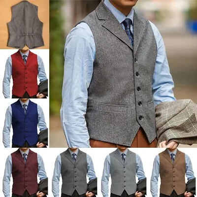 Mens Vintage Tweed Vest Lapel Herringbone Classic Fit Waistcoat Retro XS-3XL+ • $32.98