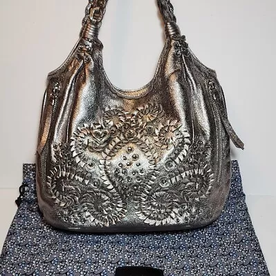 Brighton Lockheart Rare Pinwheel Forest Slate 3d Applique Shoulder Handbag $525 • $459