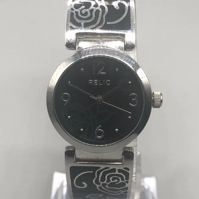 $21.24 • Buy Relic Watch Women Silver Tone Black Floral Round Dial New Battery 7.25 