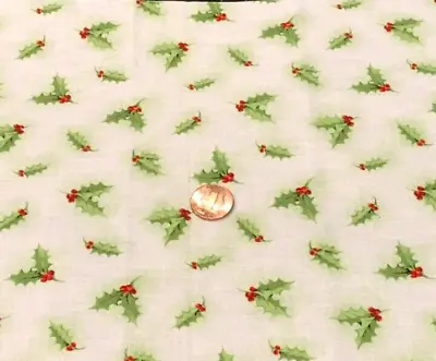 Mistletoe*Holly With Red Berries On White*Red Rooster*100% Cotton Remnant*21 X8  • $1.70