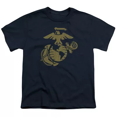 US Marine Corps Gold Distressed Emblem Navy Youth Kids Shirt • $20.69