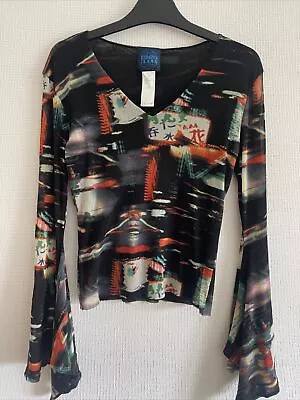 KENZO Jeans TOP Vintage Mesh Stretch Black Colourful Long Sleeves Japan  XL • $112.43