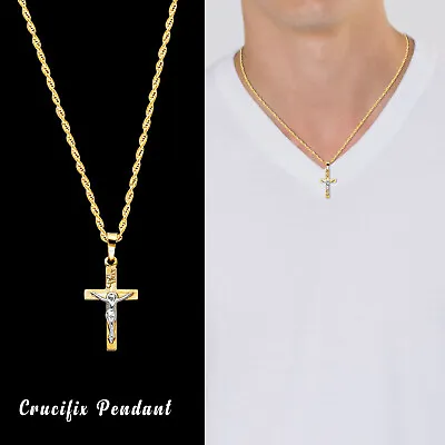 14K Yellow Gold Mens Religious Crucifix Cross Pendant 18MM • $60