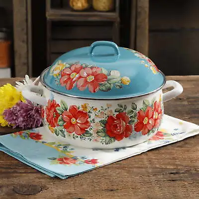 Vintage Floral 4 Quart Enamel Cast Iron Dutch Oven With Lid • $25.65