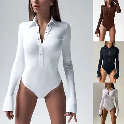 Women Long Sleeve Leotard Bodysuit Top Ladies Button Stretch Body Top Tee Shirt • £3.99